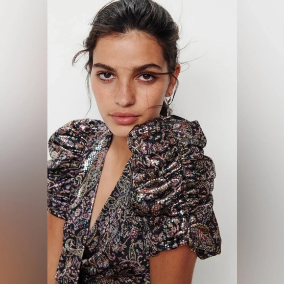 ba&sh Gala Metallic Cross Top Gathered Puff Sleeve Mini Dress - Picture 2 of 15